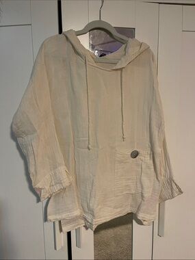 Cream Hooded Pullover with Front Pocket Detail